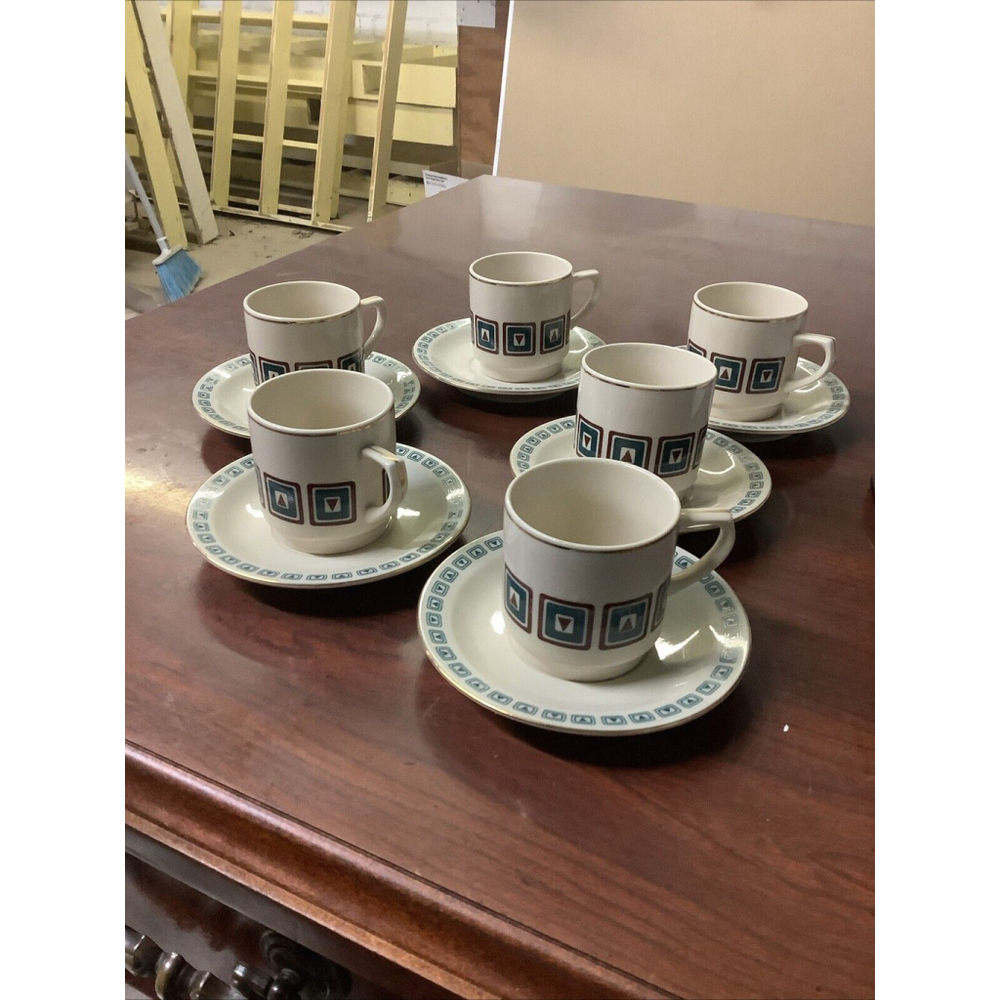 6 Gold Trimmed Espresso Cups and Saucers- 2 inches Tall
